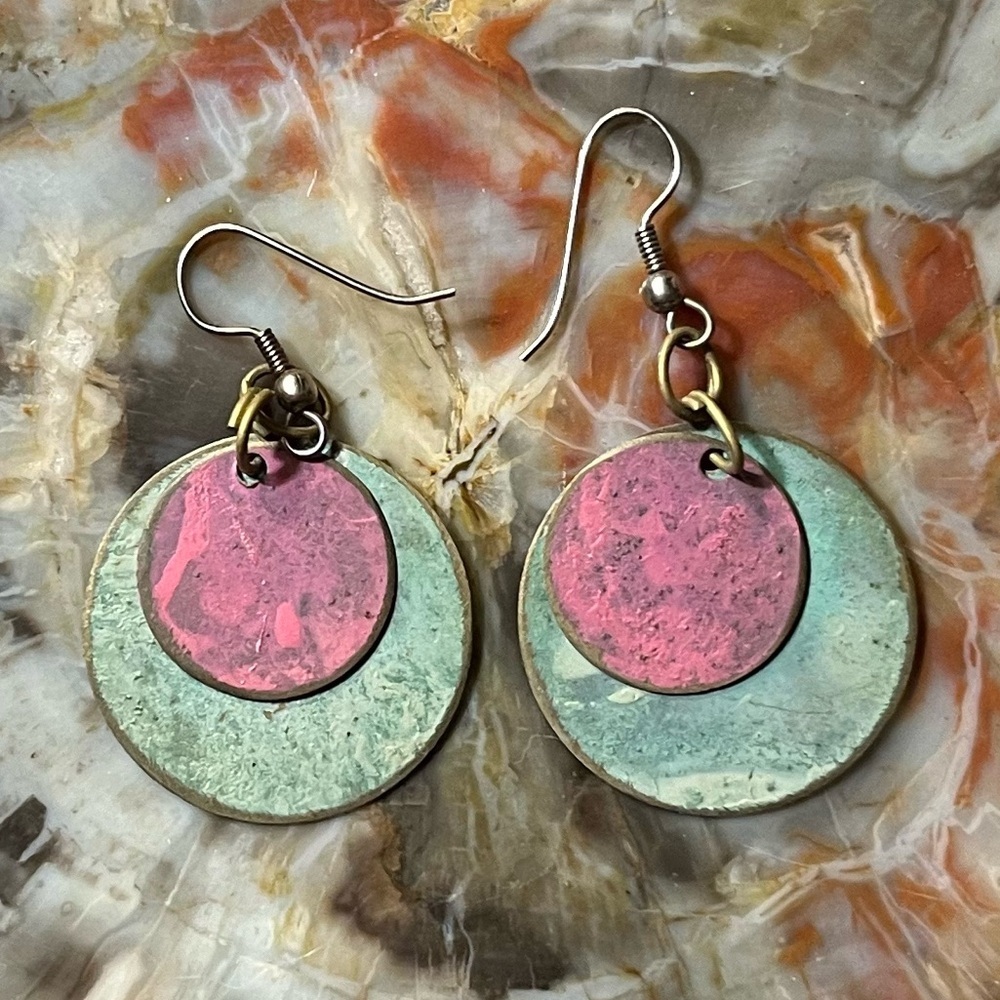 Green/ Pink Brass Disk Earrings
